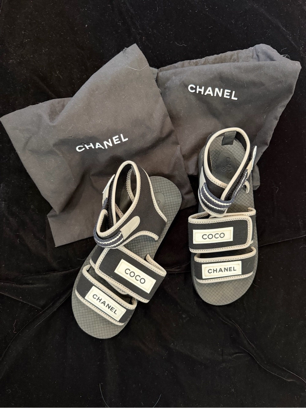 CHANEL Black and Cream Coco Strap Kids Sandals